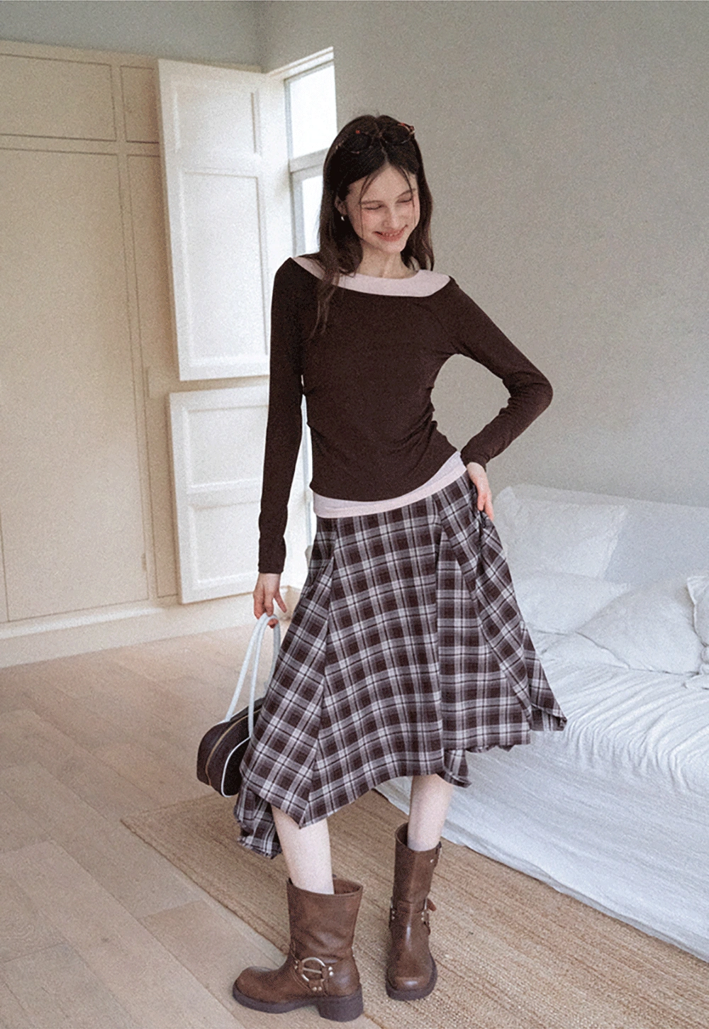 Women's Layered Boat Neck Long Sleeve Top