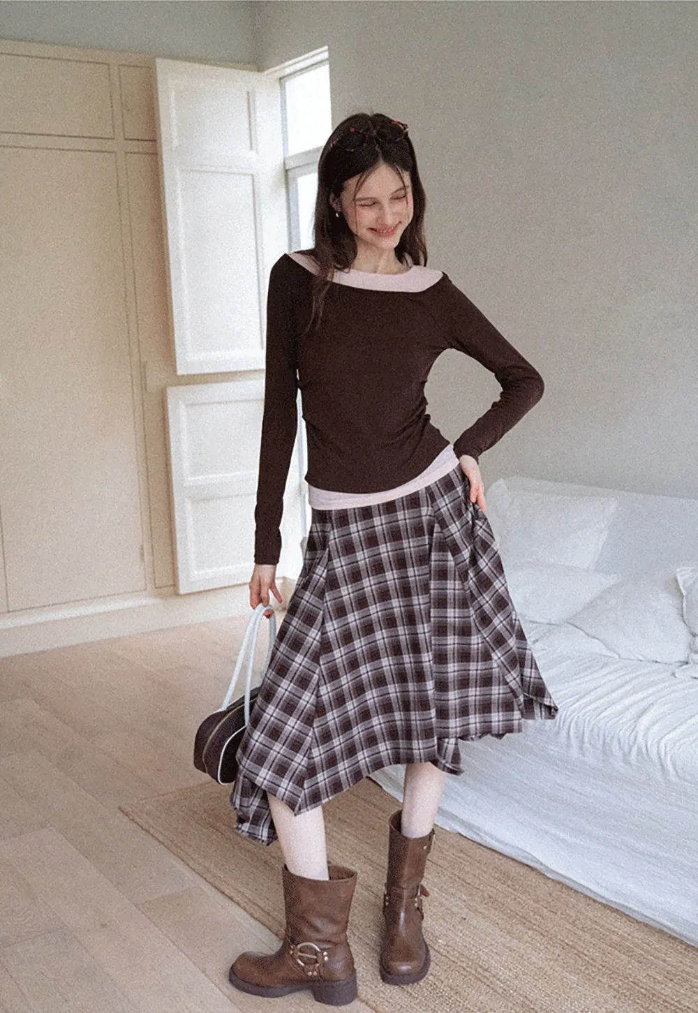 Women's Layered Boat Neck Long Sleeve Top