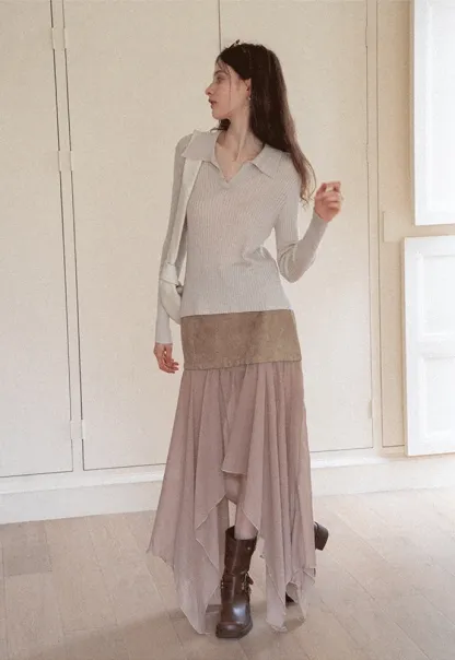 Patchwork Handkerchief-Hem Tie-Waist Skirt