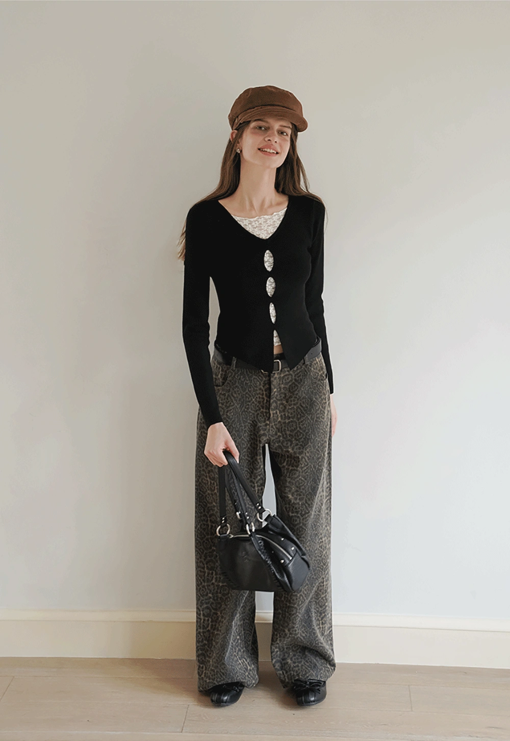 Black Long Sleeve V-Neck Cardigan with Lace Deta