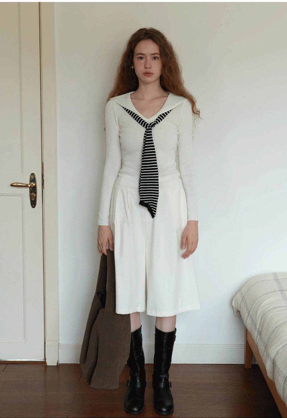 Womens Sailor Collar Long Sleeve Knit Top with Tie