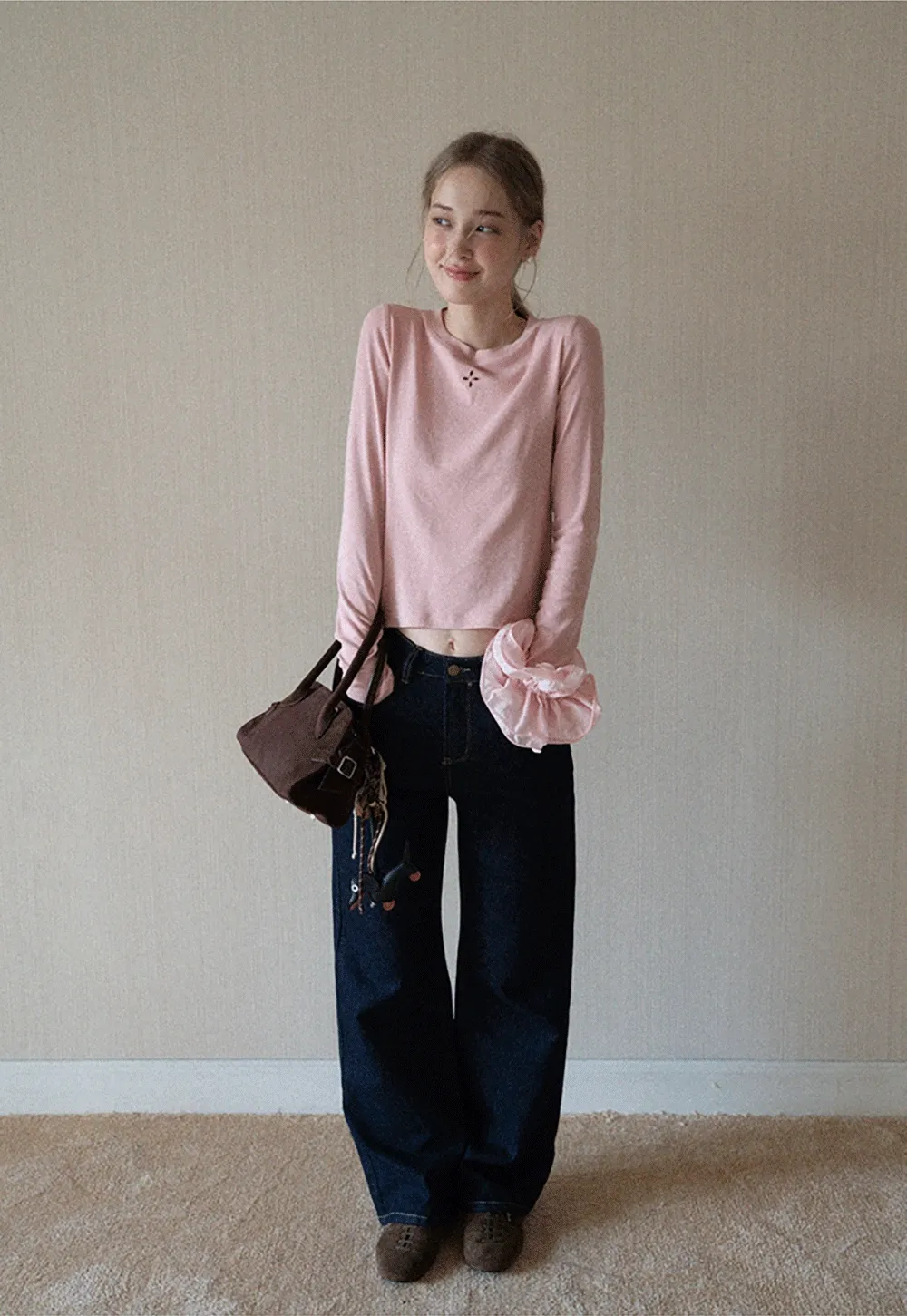 Womens Pink Fitted Long Sleeve Tee