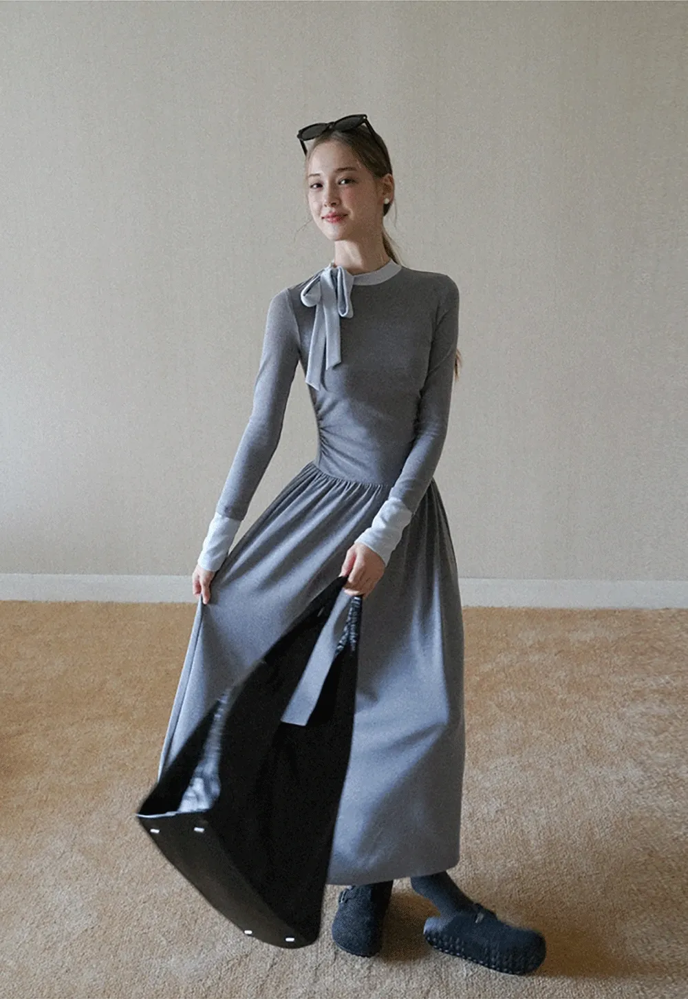 elegant grey long sleeve casual a-line dress