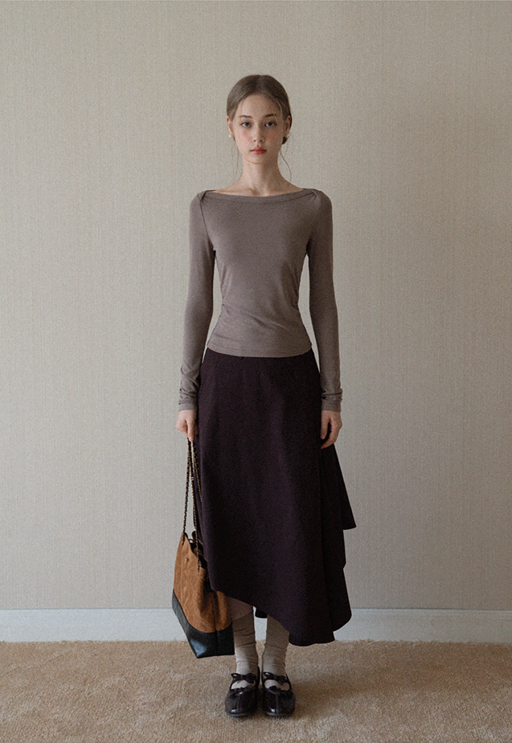 Women Boat Neck Ruched Long Sleeve T-Shirts