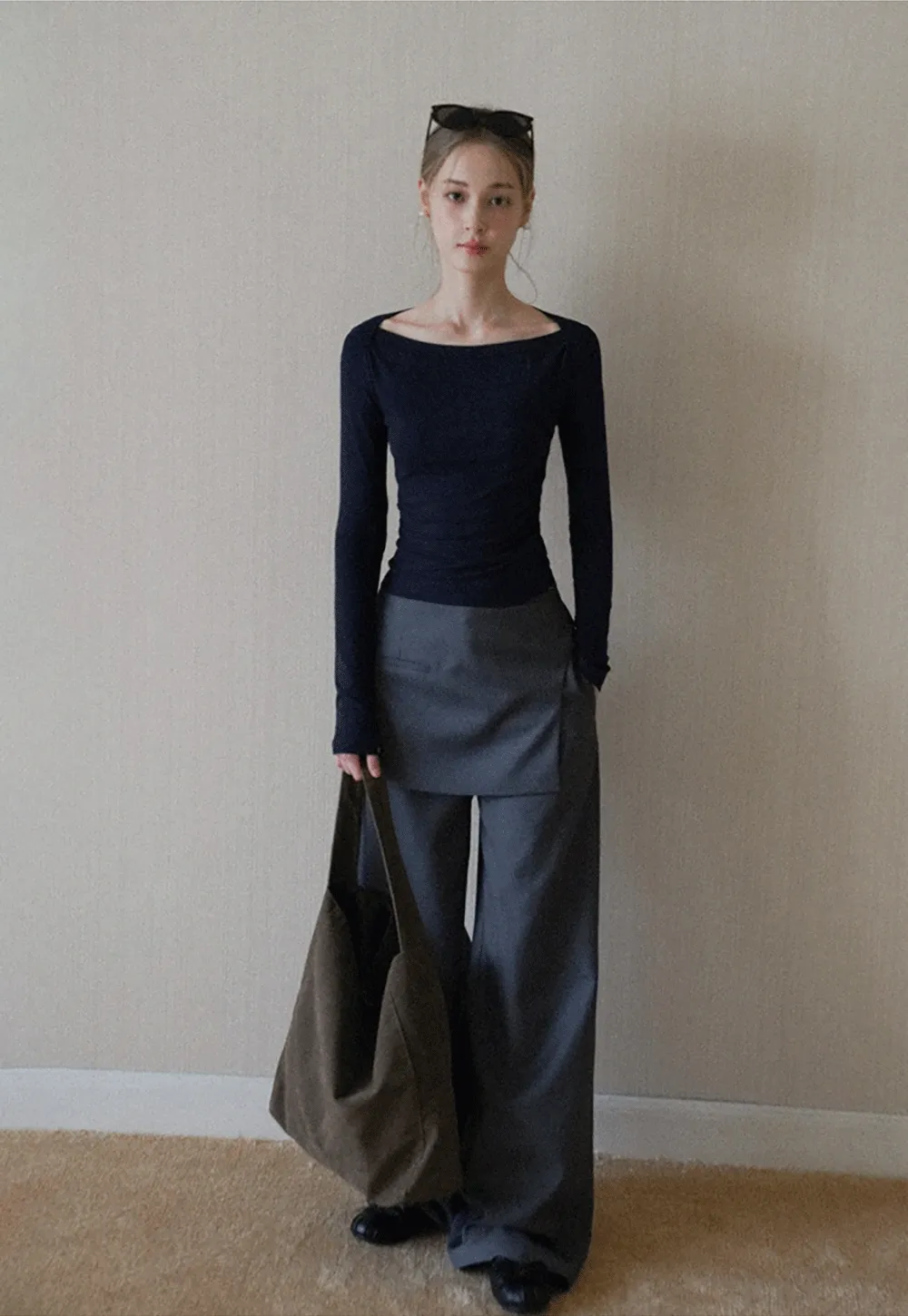 Womens Wide Leg Pants with Skirt Overlay