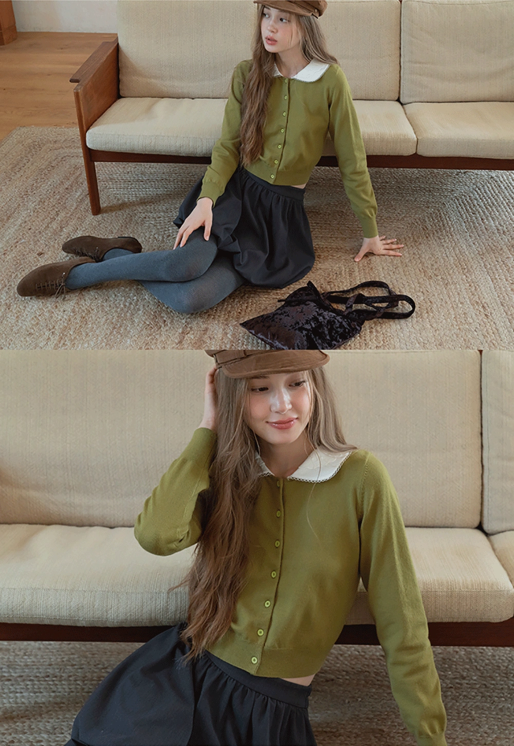 Womens Knit Cardigan with White Peter Pan Collar