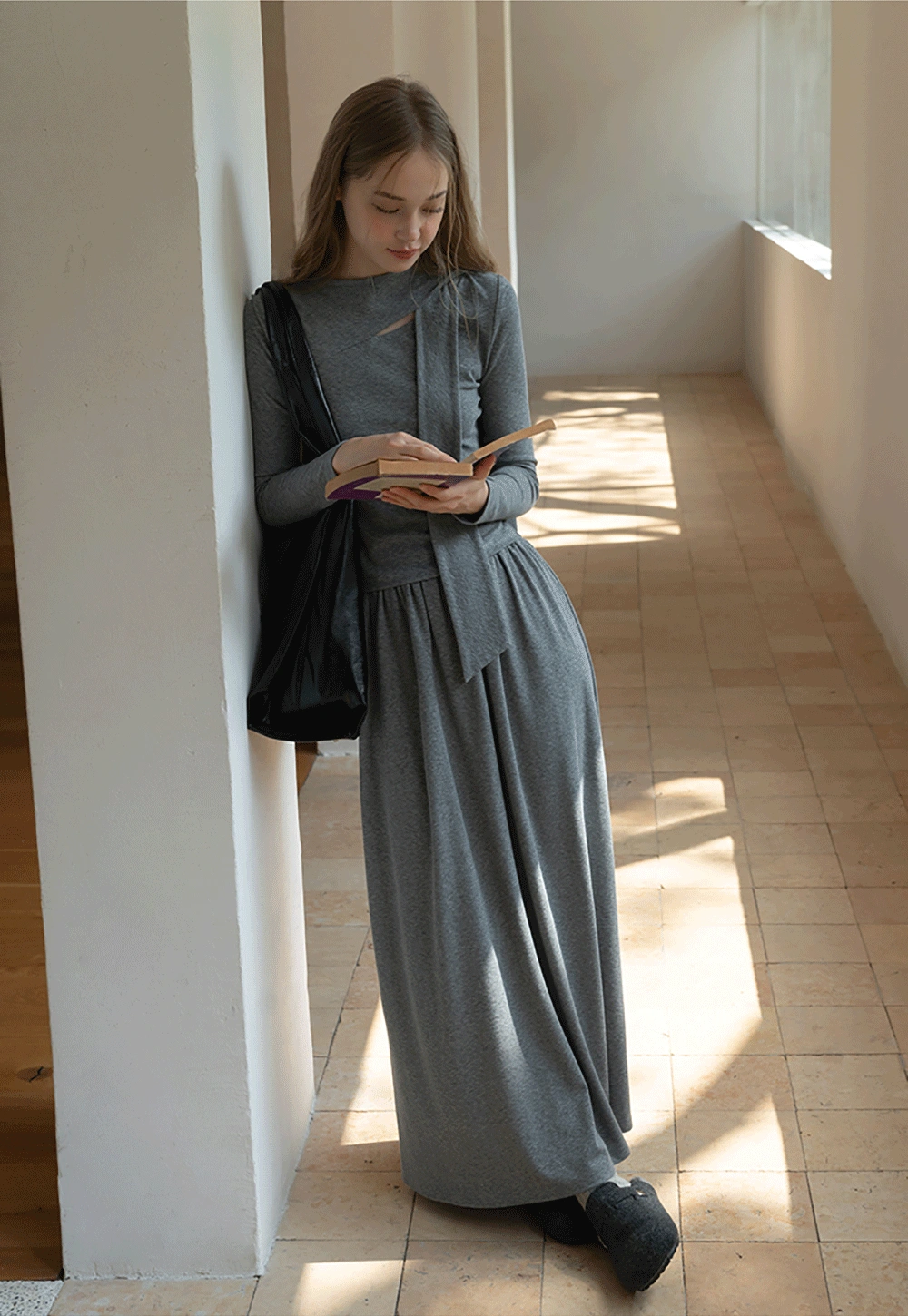 Relaxed Grey 2 Piece Outfit Long Sleeve Tee and Skirt