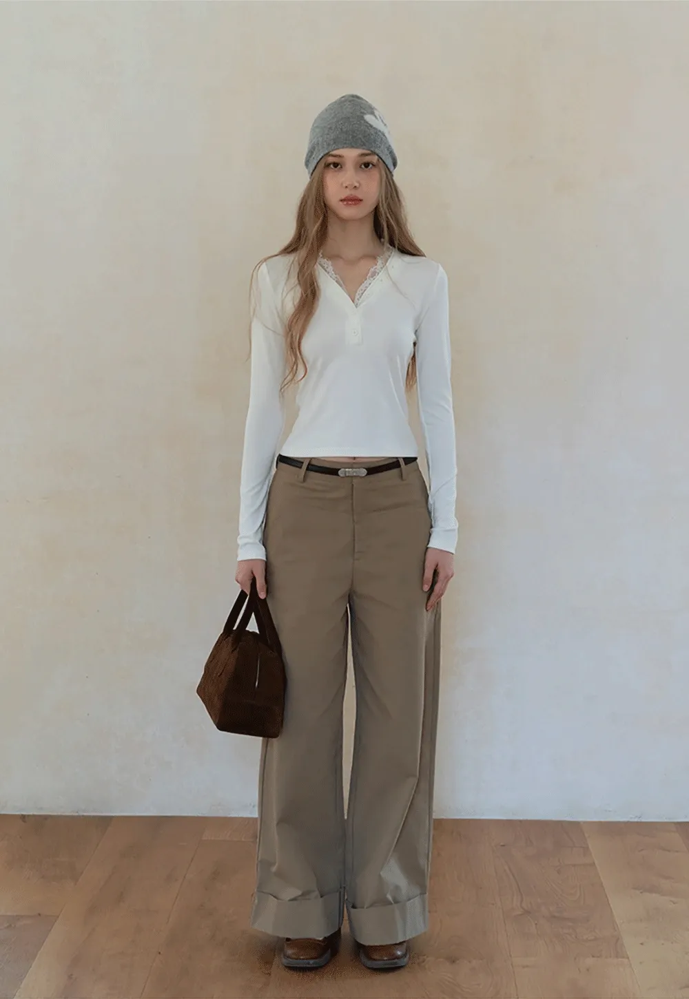 Womens White Lace Trim V Neck Long Sleeve Henley Top