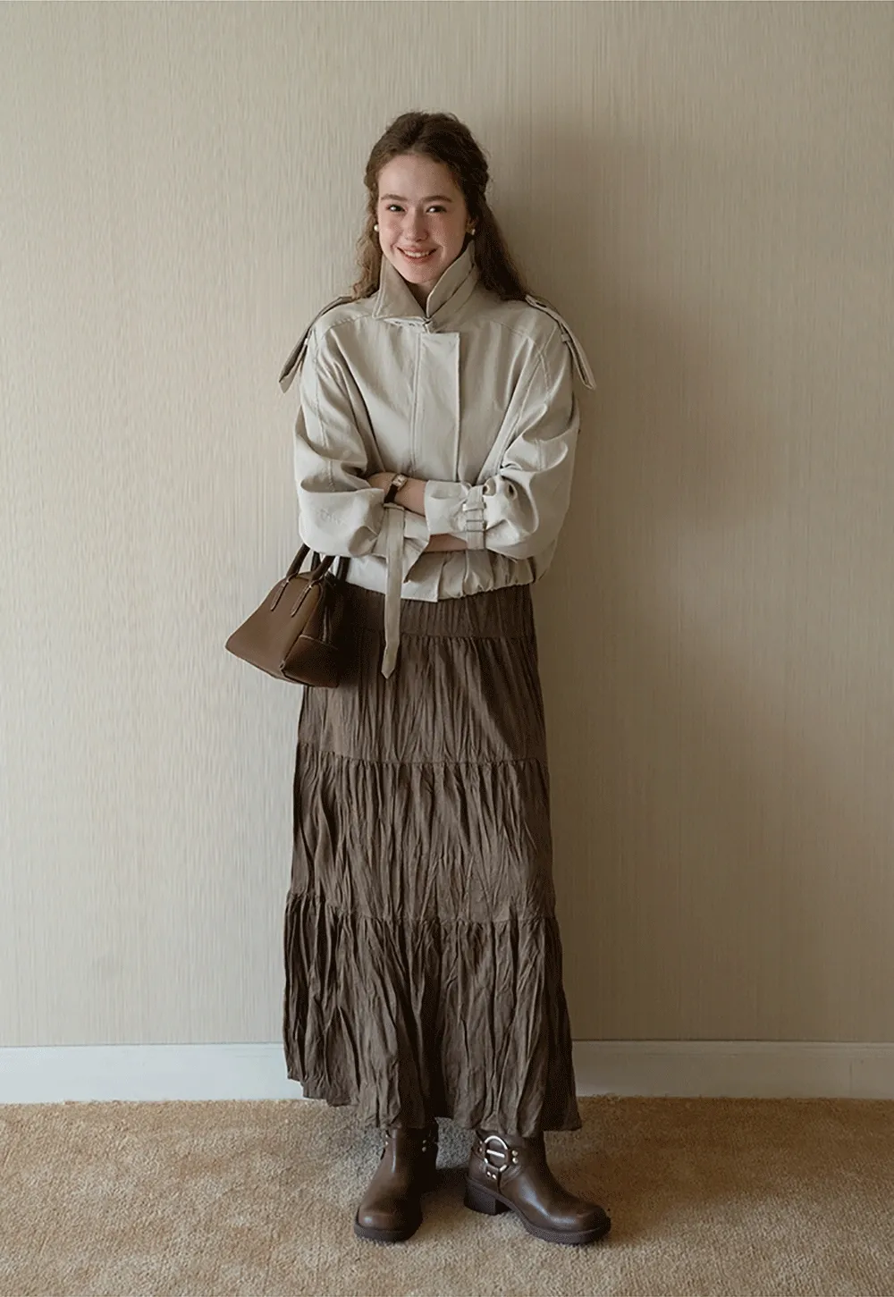 Womens Short Trench Coat Jacket with Belted Cuffs and Epaulets