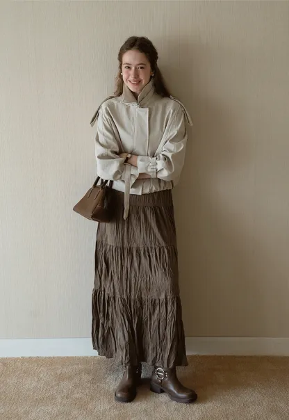 Womens Short Trench Coat Jacket with Belted Cuffs and Epaulets