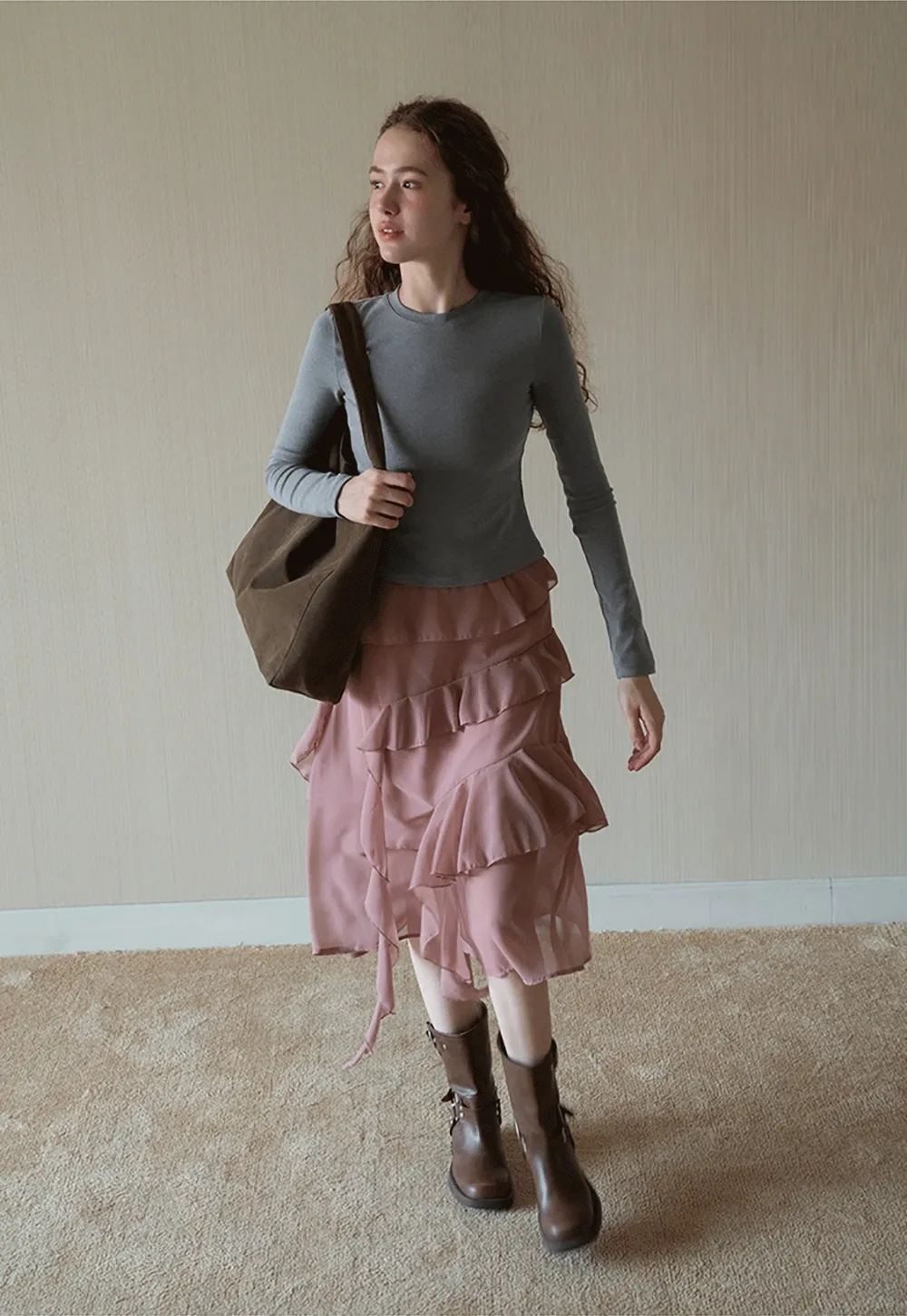 Womens Ruffle Layered Chiffon Midi Skirt