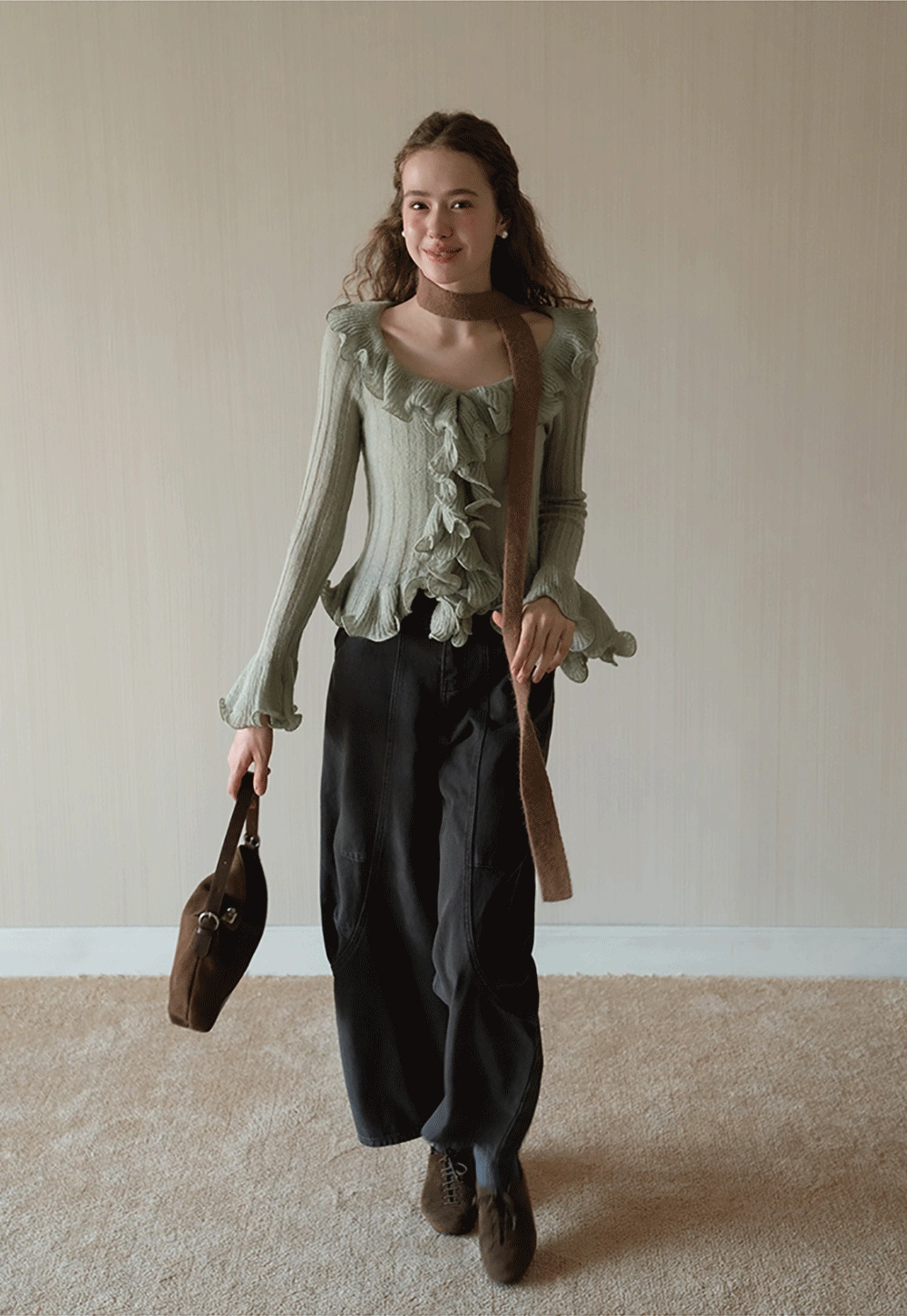 Womens Ruffle Hem Flared Sleeve Knit Top