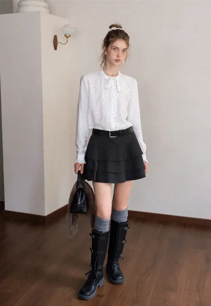 Womens Polka Dot Ruffle Trim Blouse with Bow Tie Neck