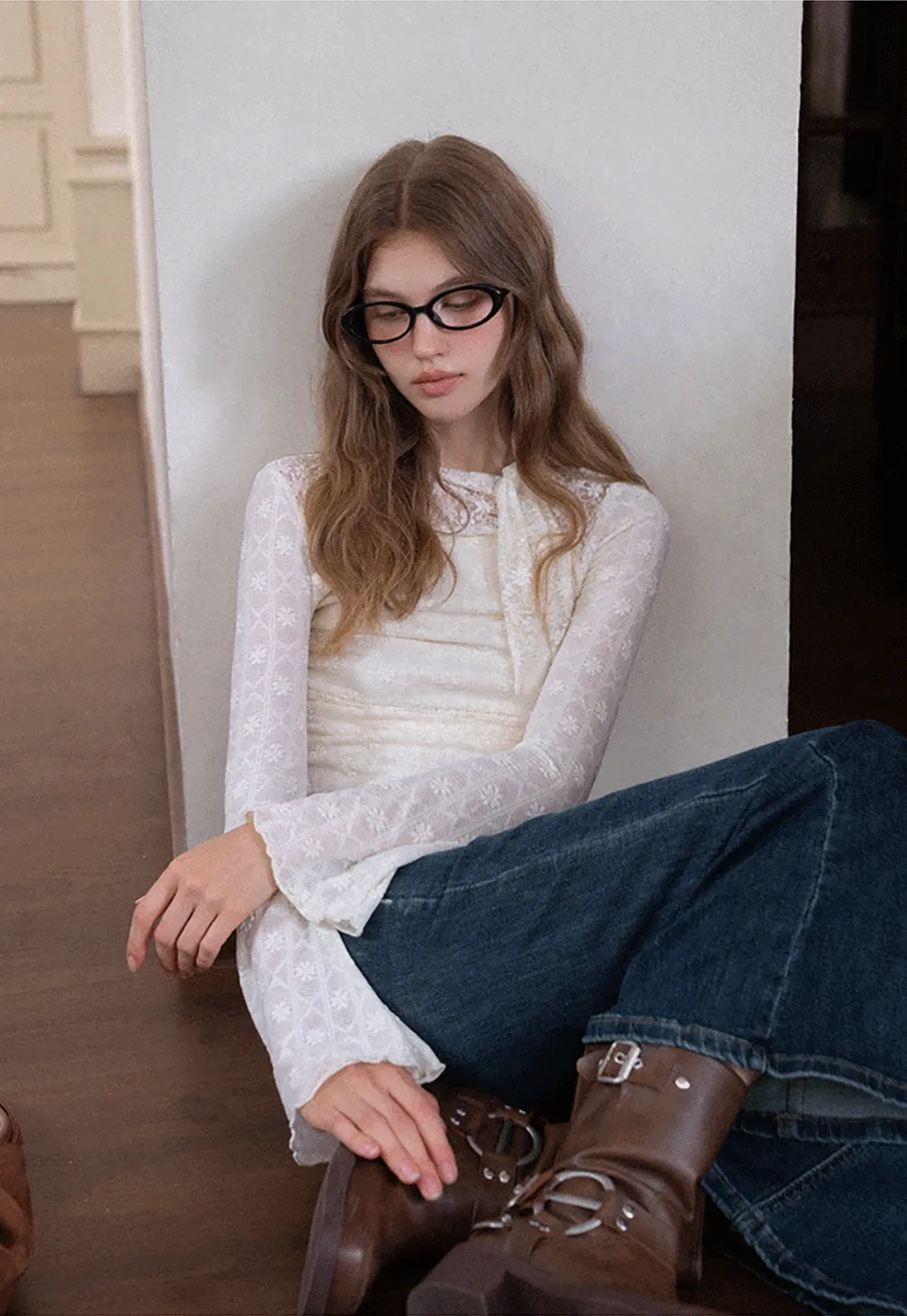 Lace Tie Neck Long Sleeve Blouse