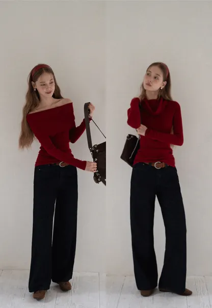 Women Off Shoulder Long Sleeve Knit Sweater Top Slim Fit