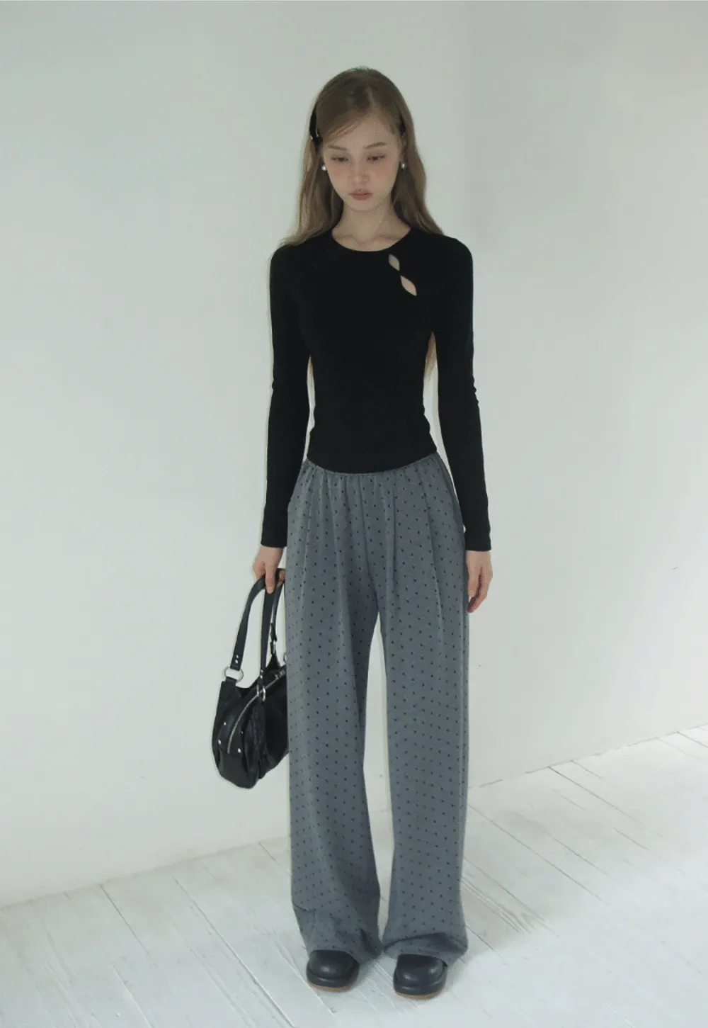 Women High Waist Wide Leg Pants Loose Fit Polka Dot Trousers