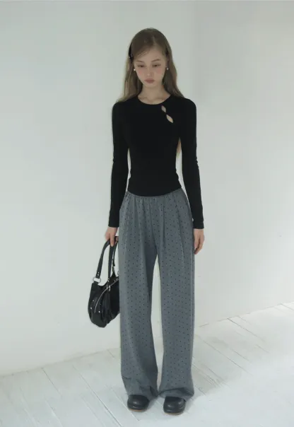 Women High Waist Wide Leg Pants Loose Fit Polka Dot Trousers