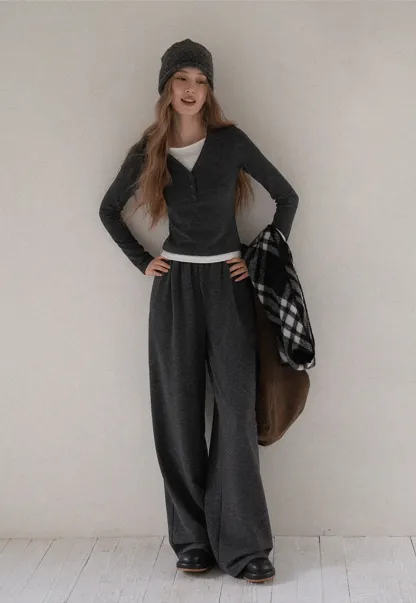 Women Knit Two Piece Set V Neck Long Sleeve Pullover and Pants