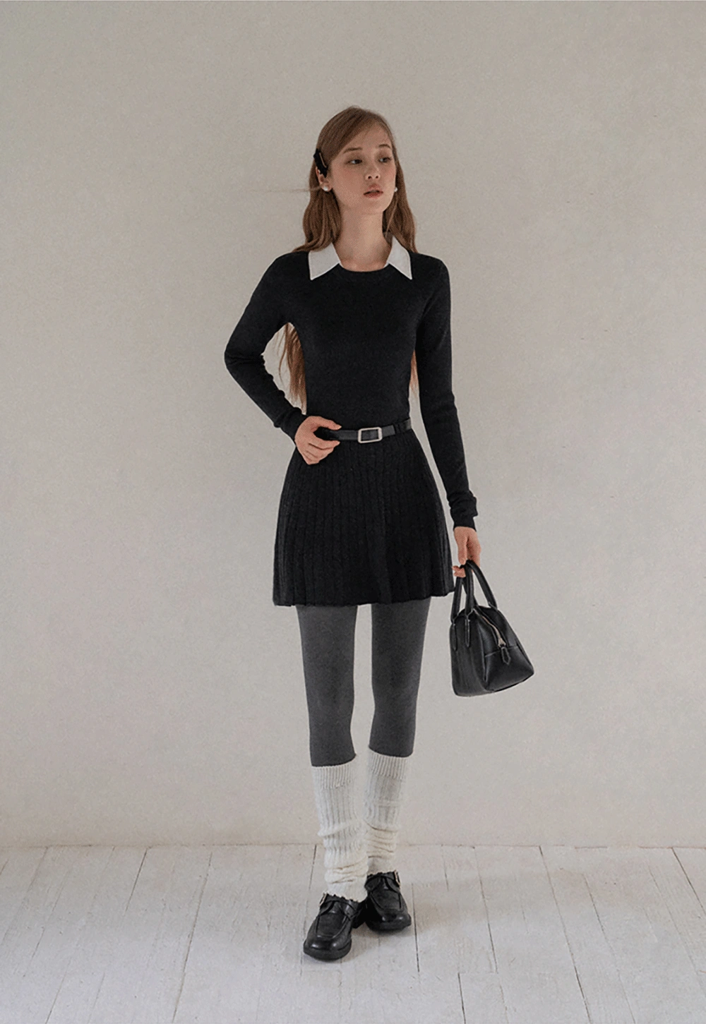 Women Black Sweater Dress with White Collar and Belt
