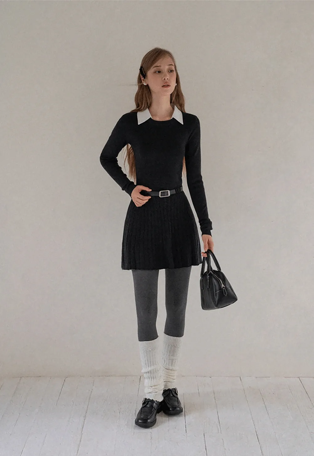 Women Black Sweater Dress with White Collar and Belt