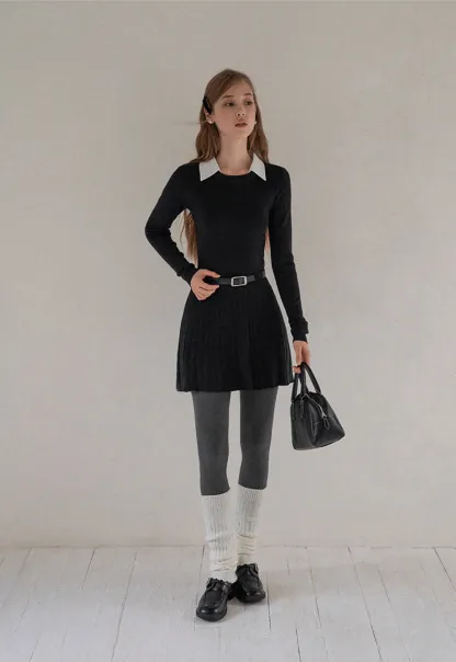 Women Black Sweater Dress with White Collar and Belt