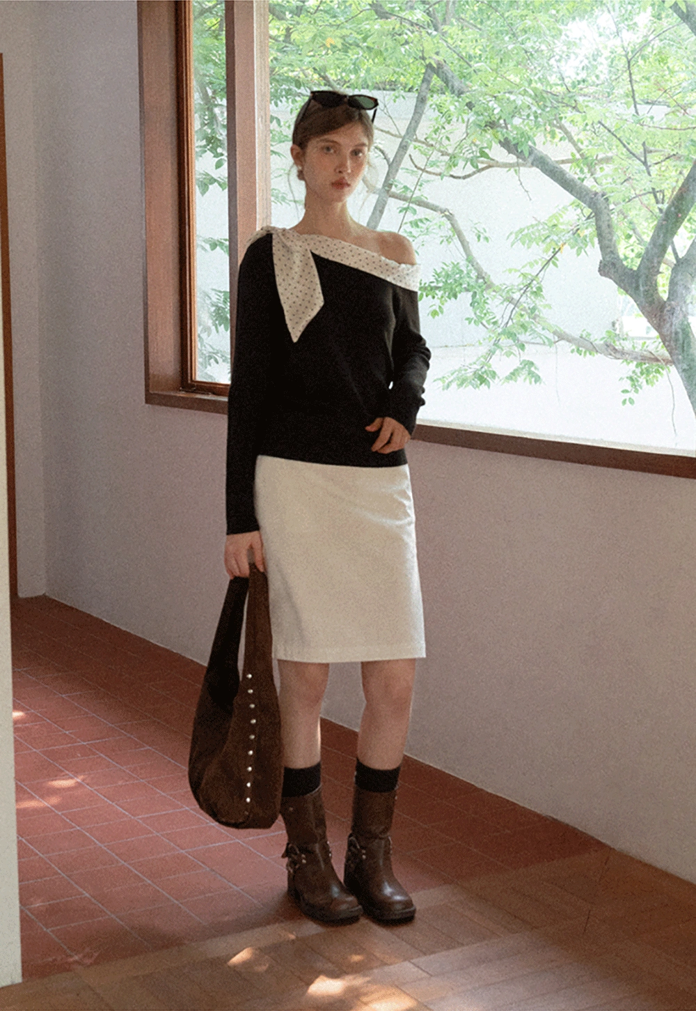 Womens Polka Dot Scarf Neck Long Sleeve Top