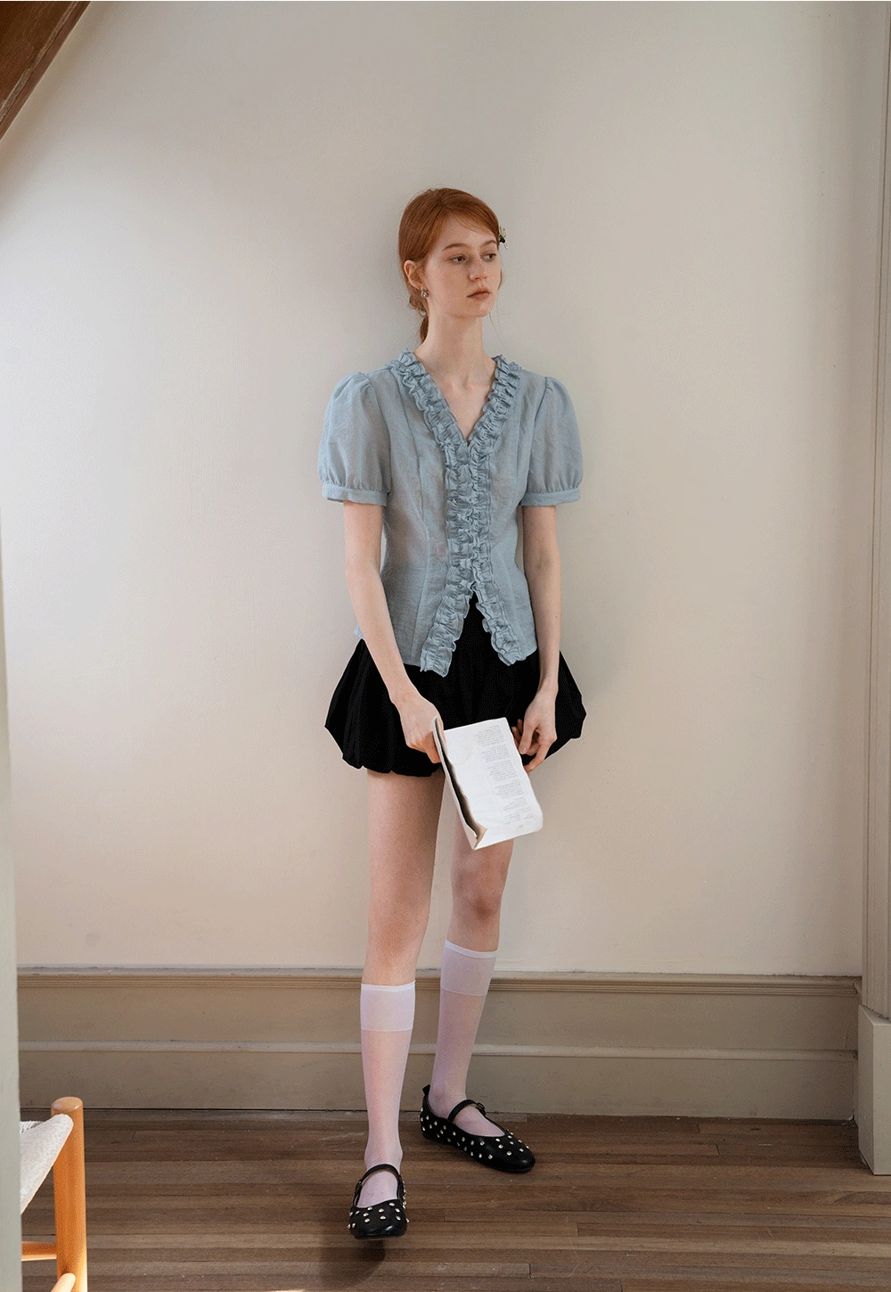 Women’s Ruffled V-neck Short Sleeve Blouse