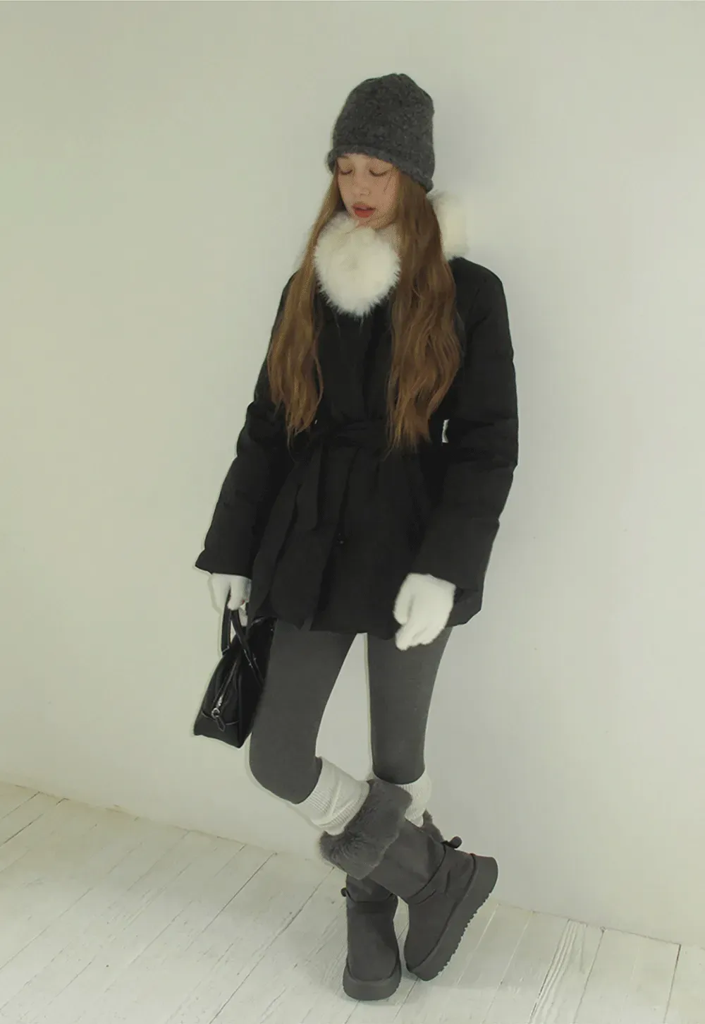 Belted Down Coat with Faux Fur Collar