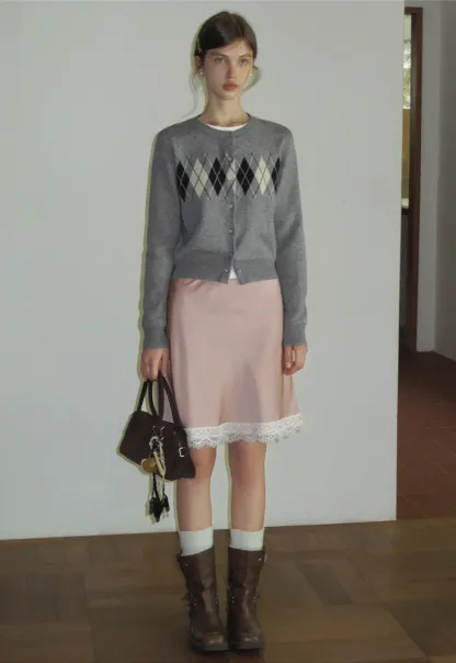 Women Vintage Argyle Pattern Knit Cardigan