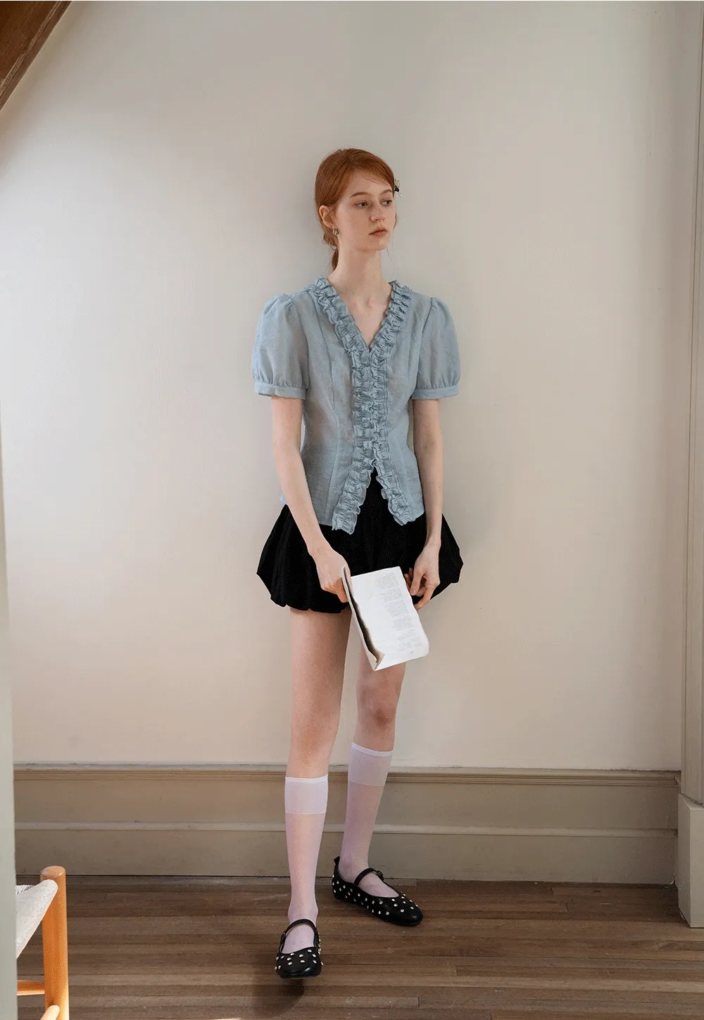 Women’s Ruffled V-neck Short Sleeve Blouse