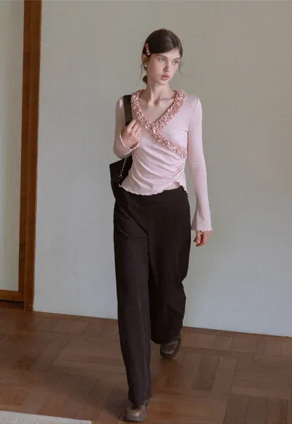 Ruffled V Neck Slim Fit Long Sleeve Tee