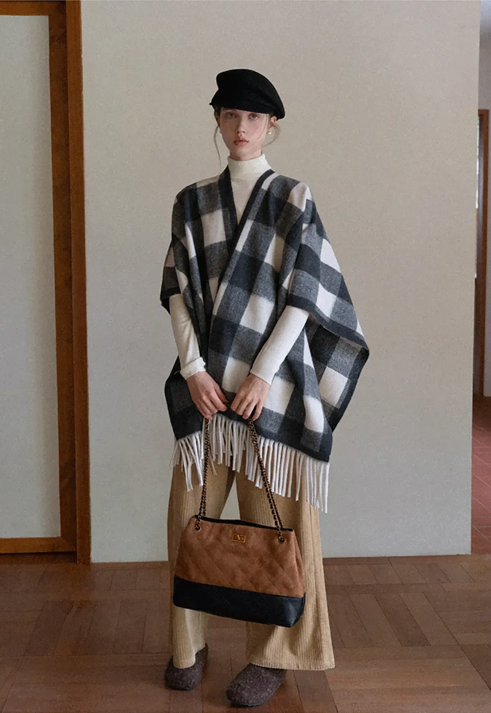 Checked Fringe Poncho