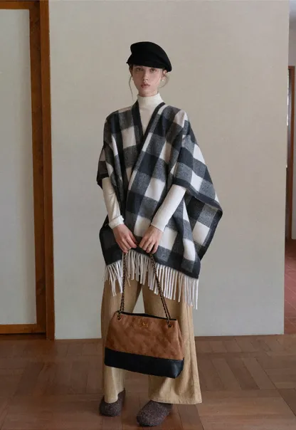 Checked Fringe Poncho
