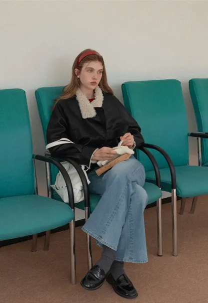 Faux Leather Jacket with Shearling Collar