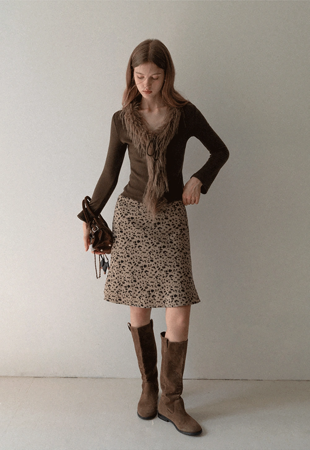 Women Faux Fur Collar Long Sleeve Knit Top