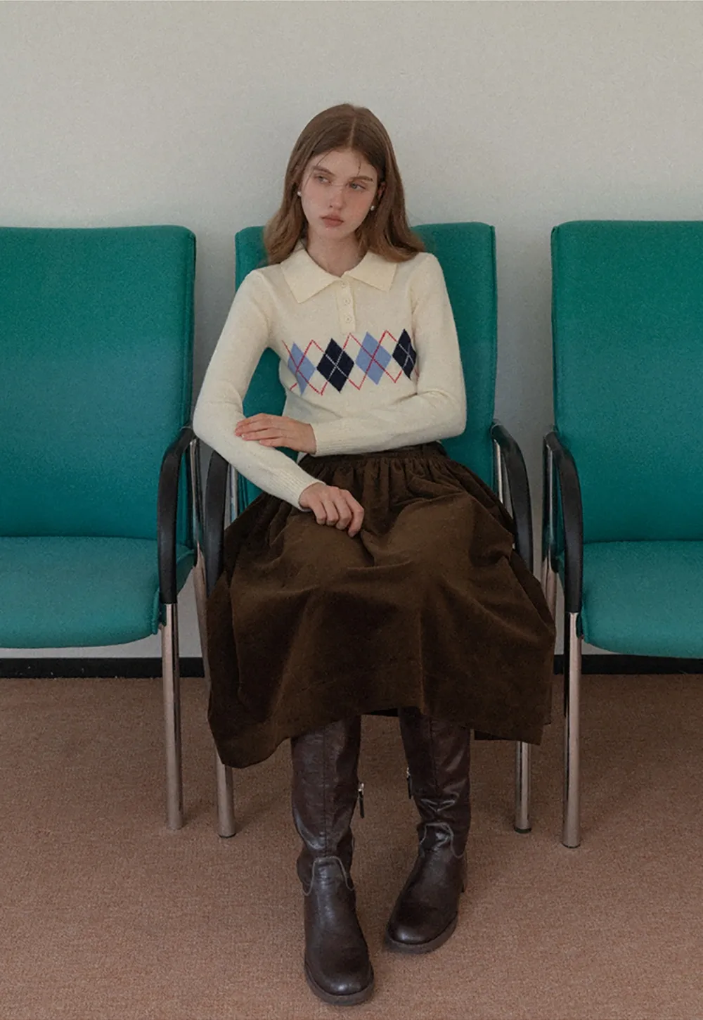 Women Argyle Knit Sweater Collared Long Sleeve Top