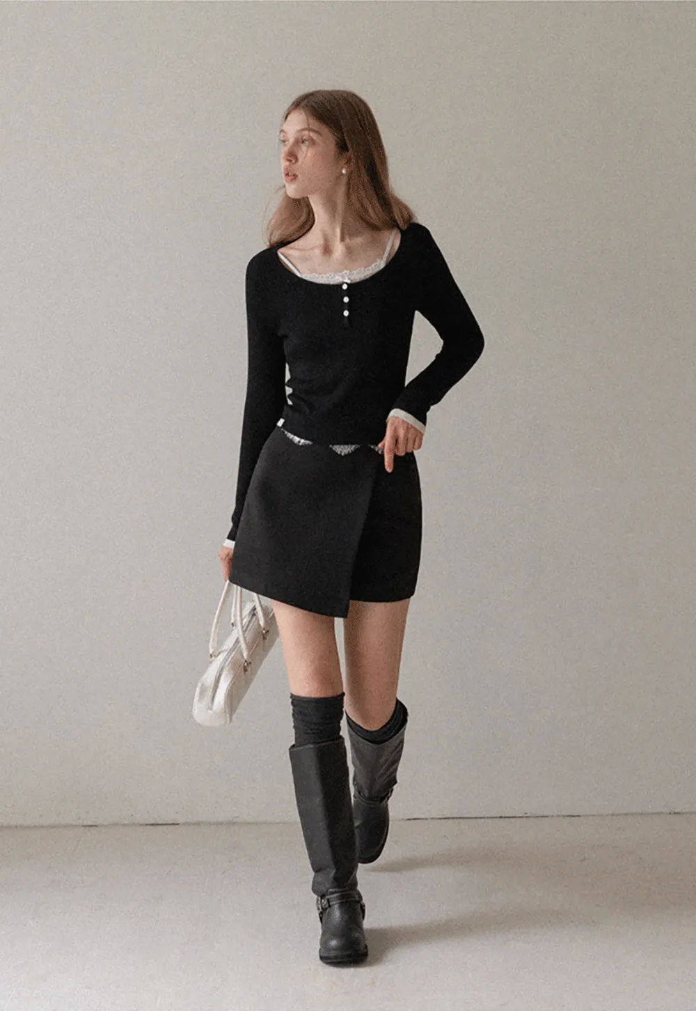 Women Lace Trim Knit Top Long Sleeve Elegant Style