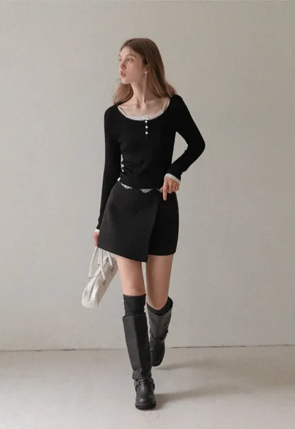 Women Lace Trim Knit Top Long Sleeve Elegant Style
