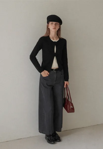 Women Knit Cardigan with Flower Button Vintage Style