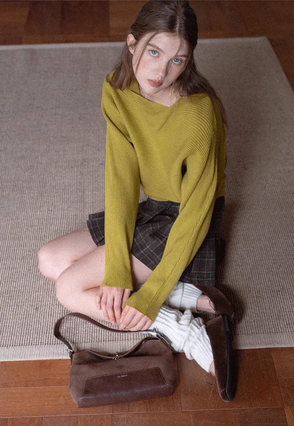 Ribbed Boat Neck Knit Sweater