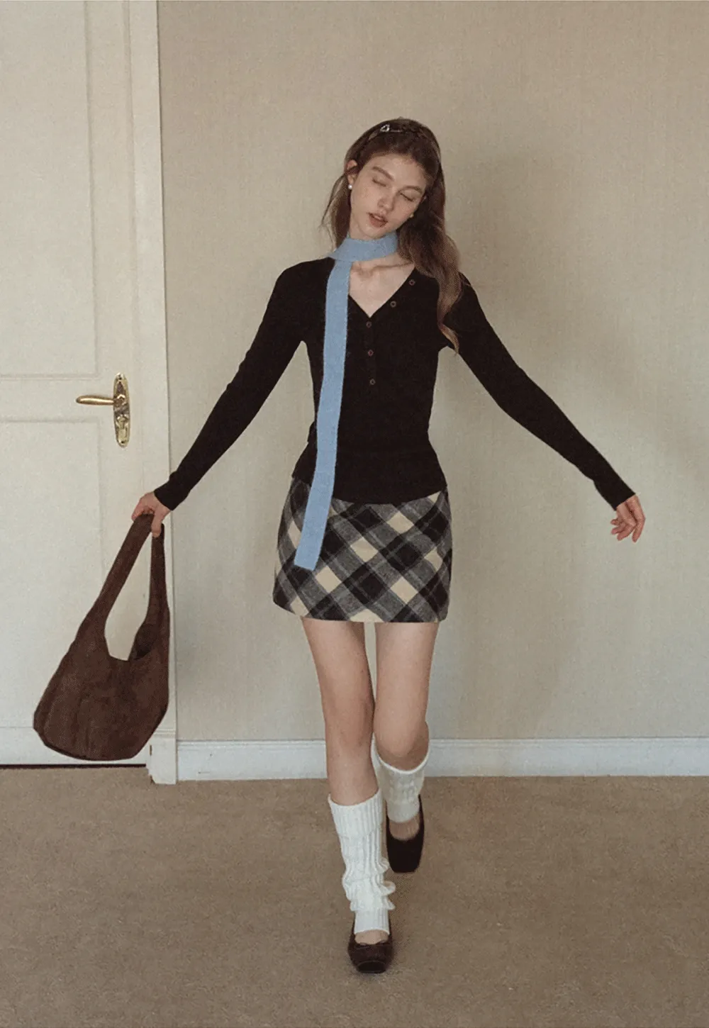 Womens Ribbed Long Sleeve V-Neck Button Top