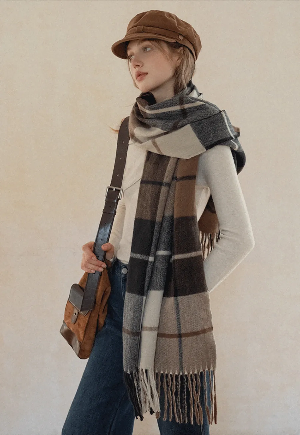 Vintage Plaid Tassel Scarf