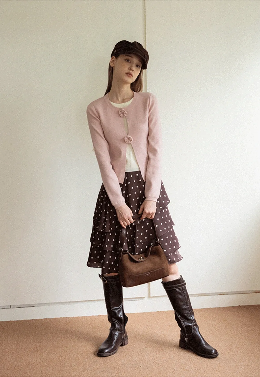 Women Brown Polka Dot Tiered Skirt