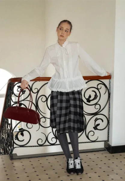 Lace Trim Ruffled Blouse with Tie Neck