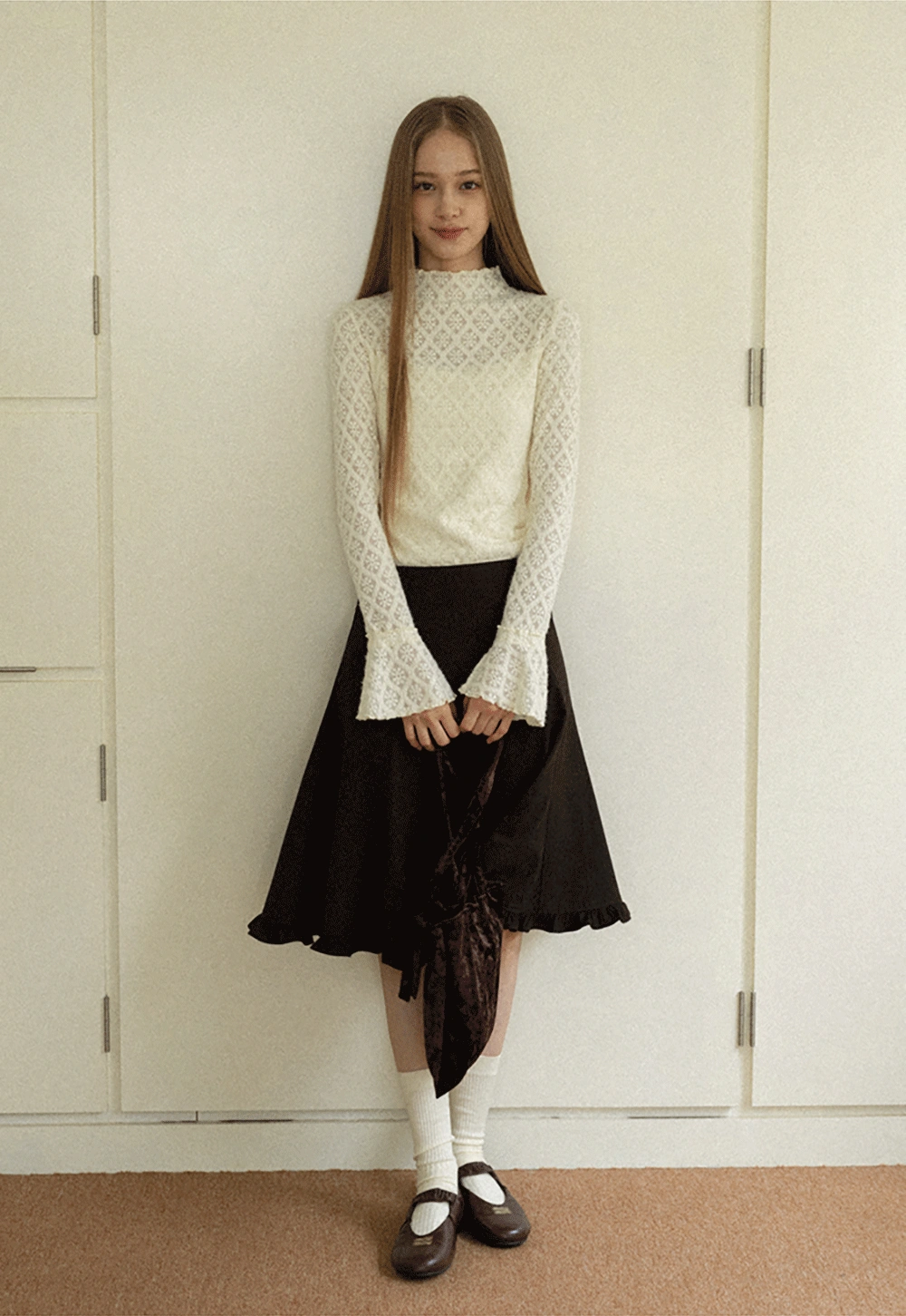A-Line Brown Skirt with Ruffled Bottom for Women