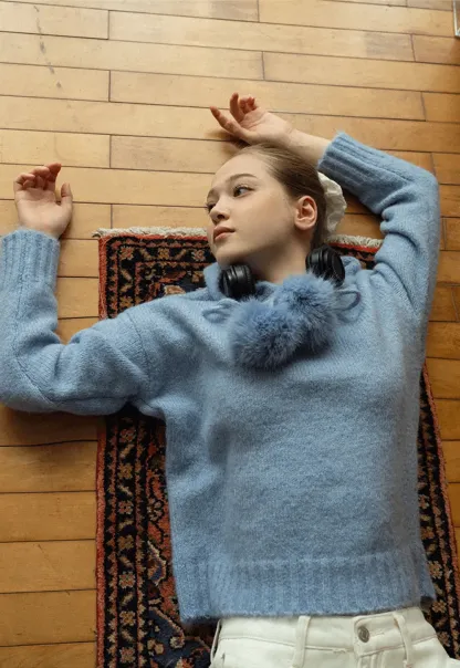 Pom-Pom Hooded Knit Sweater