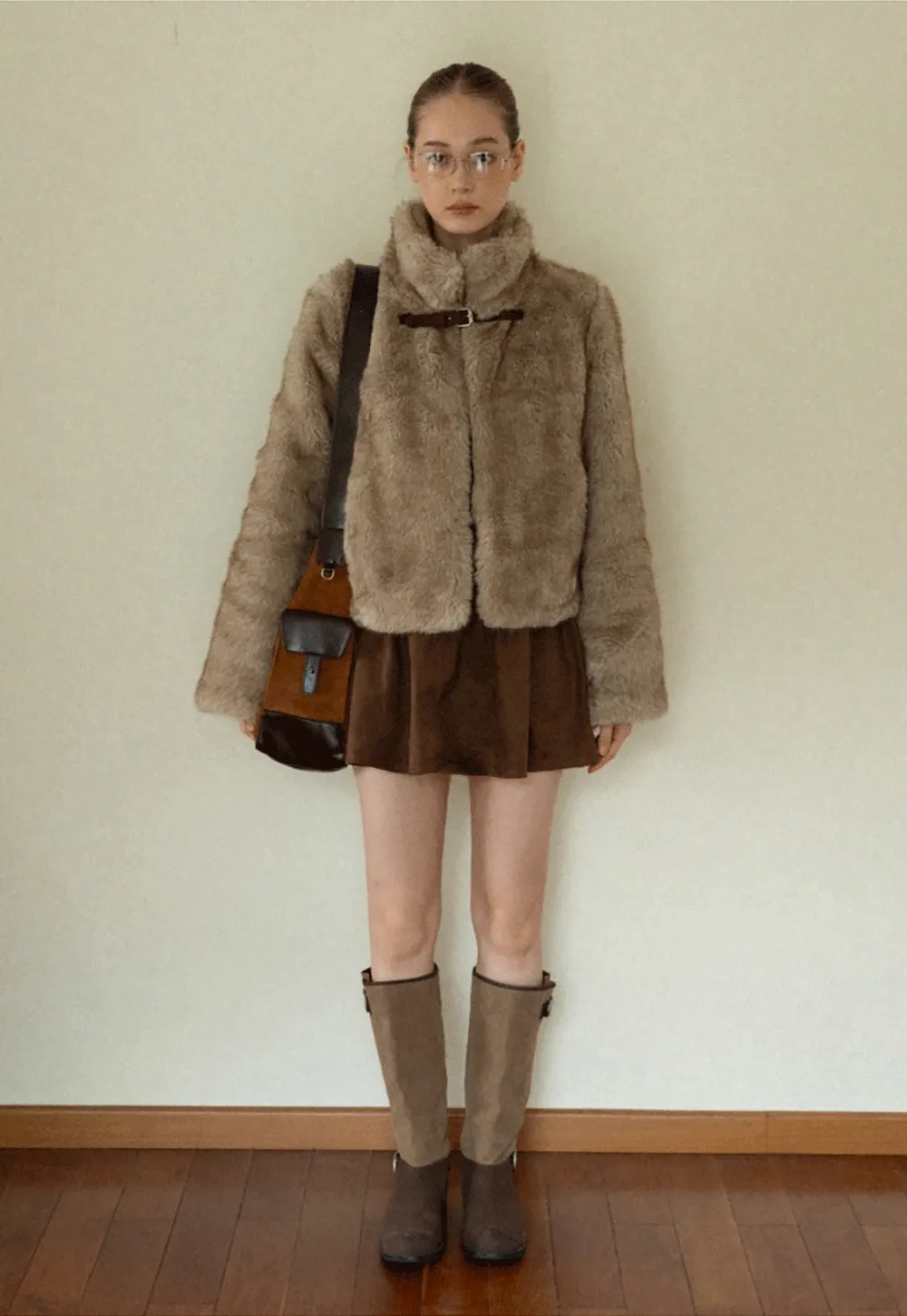 Women Faux Fur Cropped Jacket with Buckle Closure