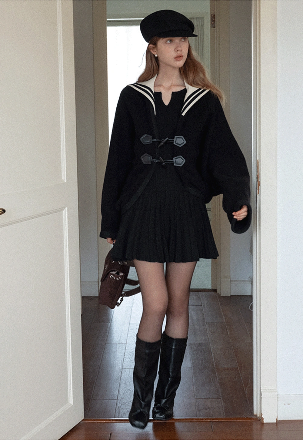 Stylish Black Woolen Coat with Sailor Collar