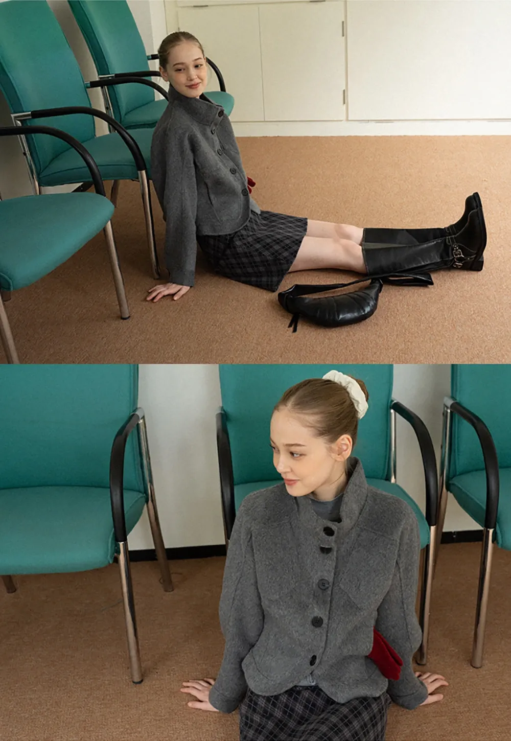 Stand Collar A-line Waist Cinching Cropped Double-Faced Coat