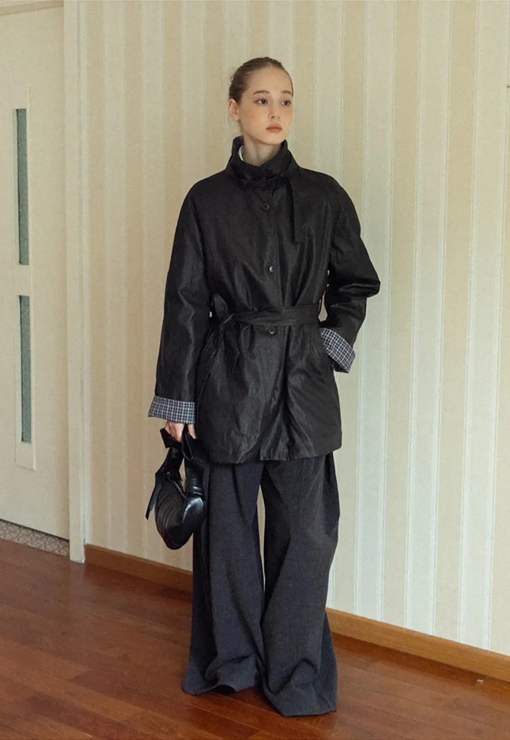 Stand Collar Mid-Length Coat with Plaid Splice and Belt